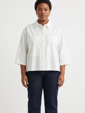 Recollection Brand White Cotton Poplin Pocket Shirt Oversized Boxy 3/4 Sleeve |